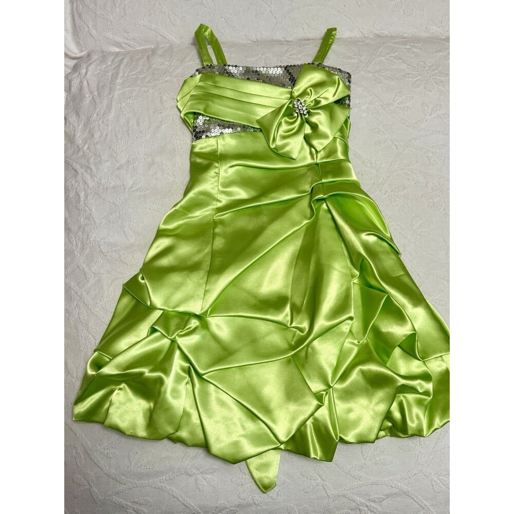 Y2K Lime Green Satin Mini Dress Bow Sequin Party Pageant Diva 10 USA Spring EUC